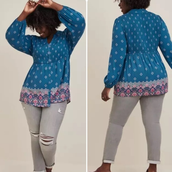 Torrid Women's Plus Babydoll Rayon Slub Smocked Button-Front Tunic Top 6X Boho - Picture 1 of 16
